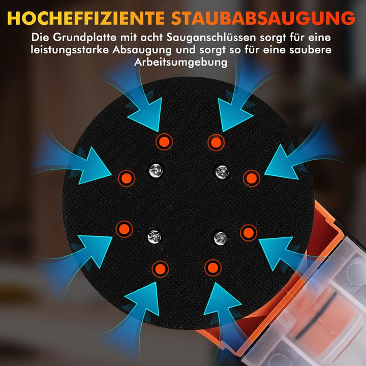 Exzenterschleifer 125mm, 350W Schleifmaschine, 6 Geschwindigkeiten 6000-13000 U/min, Multischleifer