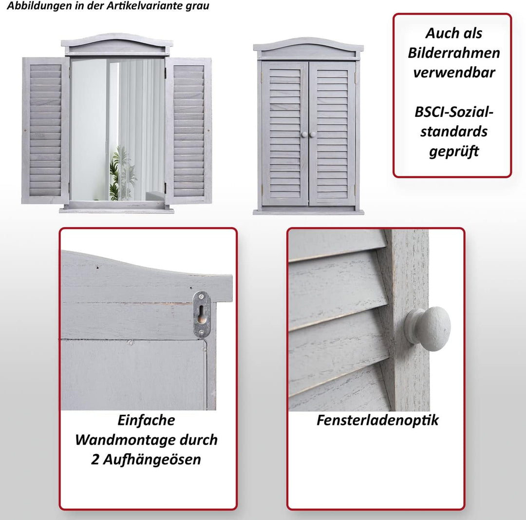 Mendler Wandspiegel Badspiegel Badezimmer Spiegelfenster mit Fensterläden, 71x46x5cm - Shabby braun,