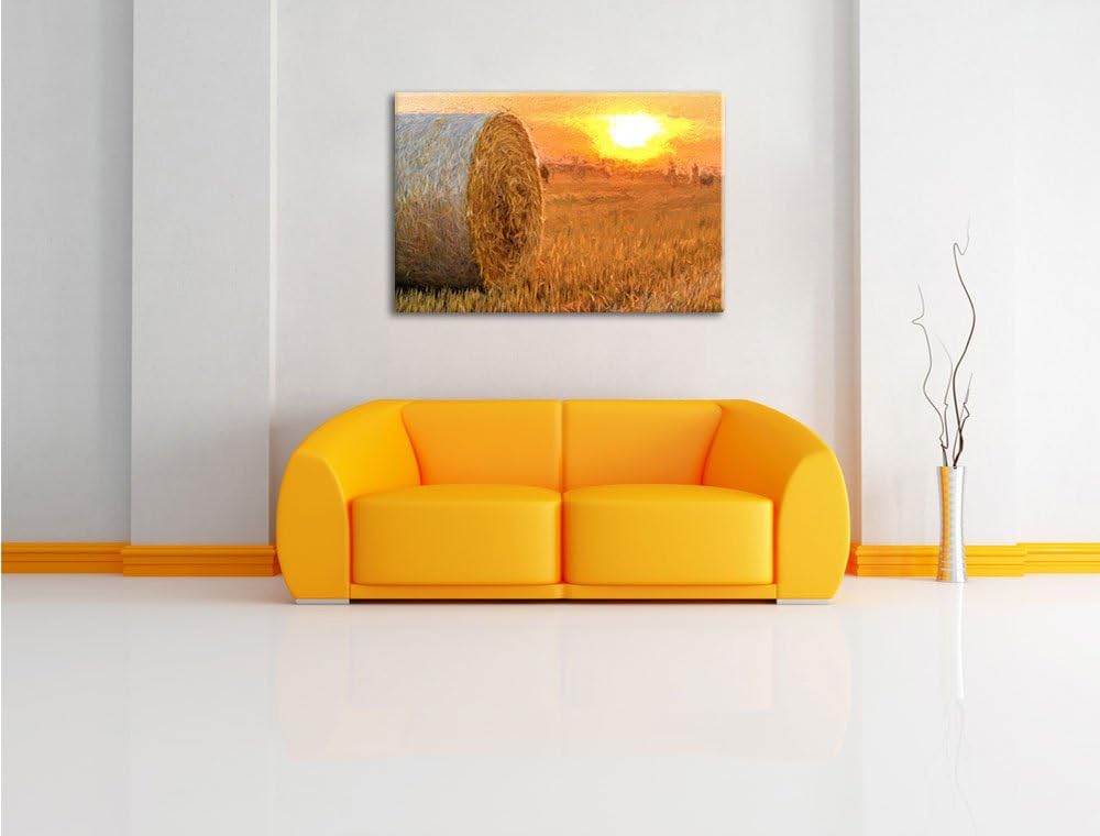 Pixxprint Strohballen auf Feld als Leinwandbild/Grösse: 100x70 cm/Wandbild/Kunstdruck/fertig bespann