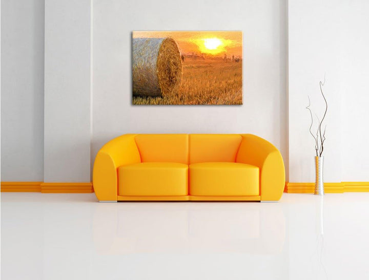Pixxprint Strohballen auf Feld als Leinwandbild/Grösse: 100x70 cm/Wandbild/Kunstdruck/fertig bespann