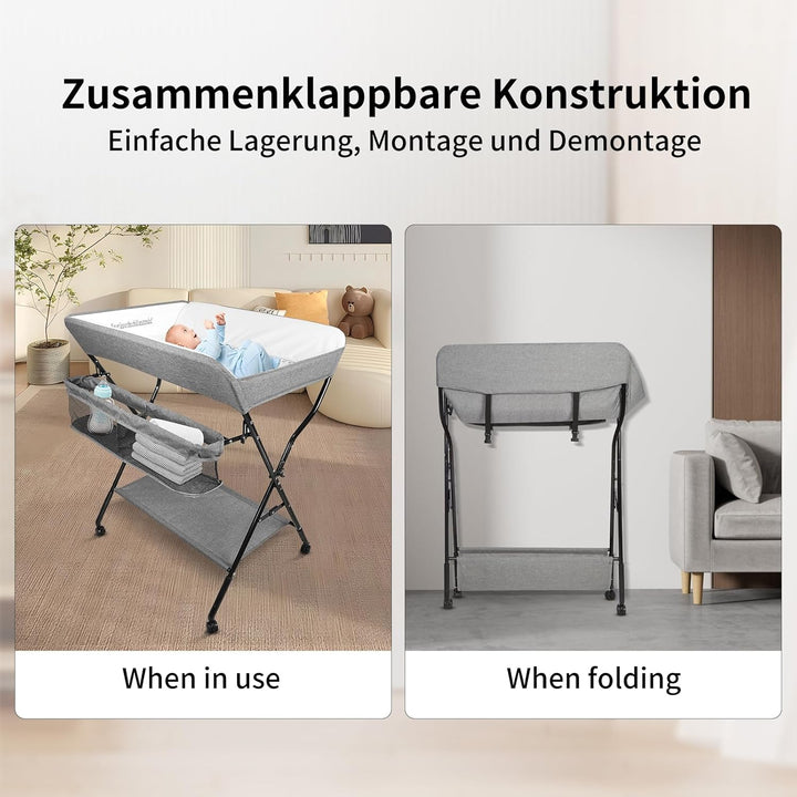 OHMG Baby Wickelkombi Klappbare Wickelkommode,Wickeltisch mit Rollen,Mobiler Wickeltisch mit Wickela
