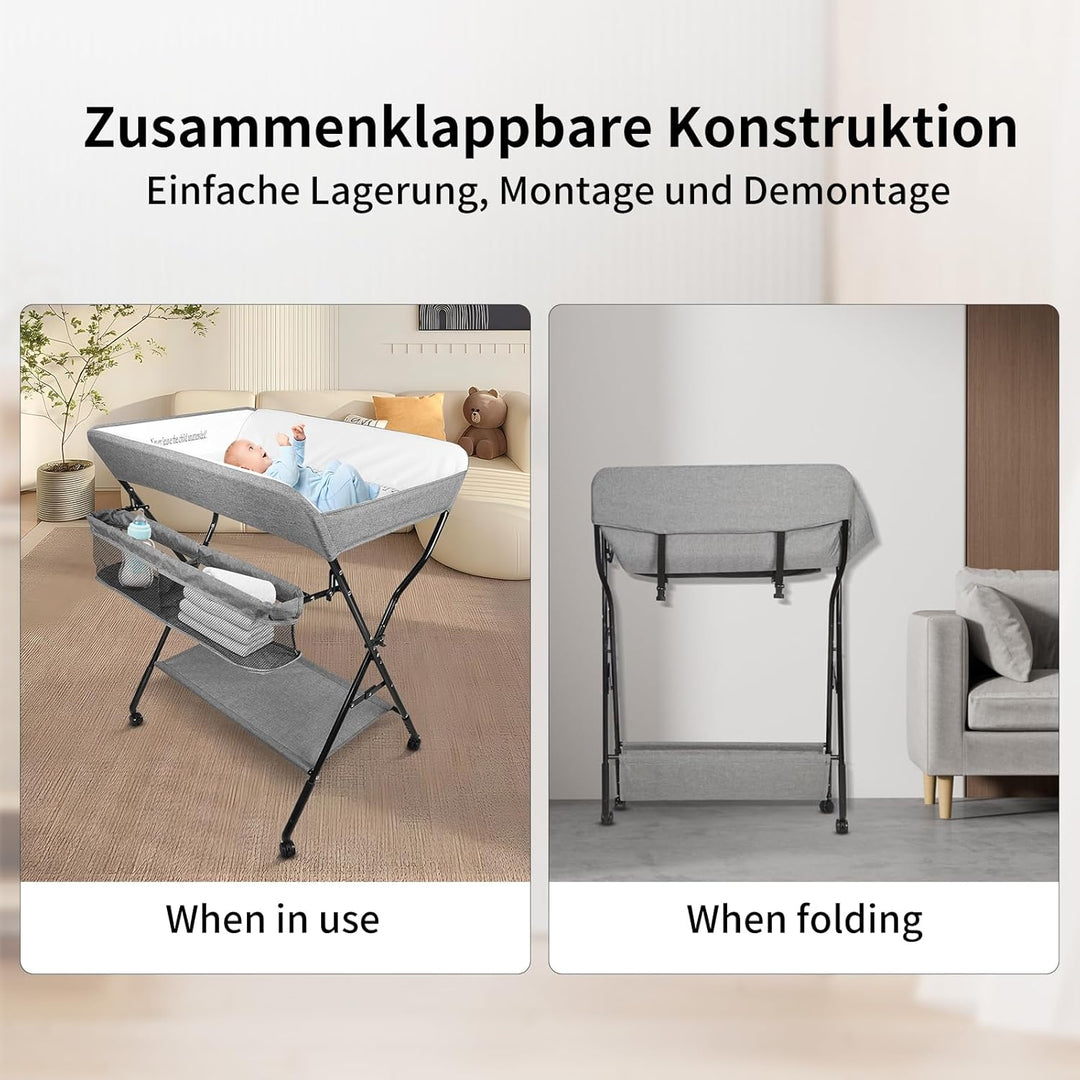 OHMG Baby Wickelkombi Klappbare Wickelkommode,Wickeltisch mit Rollen,Mobiler Wickeltisch mit Wickela