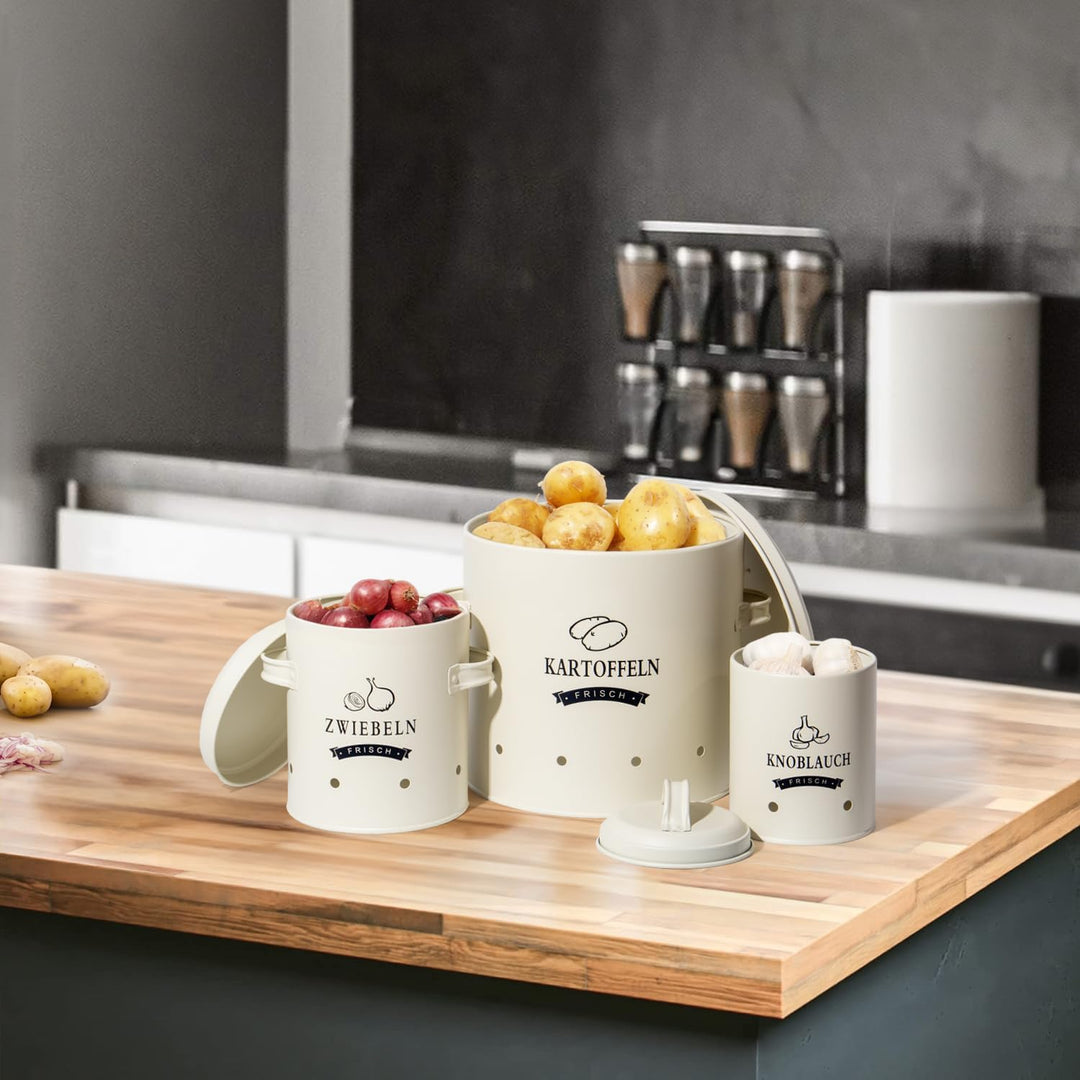 Theo&Cleo Kartoffel Vorratsdosen Set, Kartoffeltopf im Retro Design Zwiebeltopf, Grosser Vorratsbehä