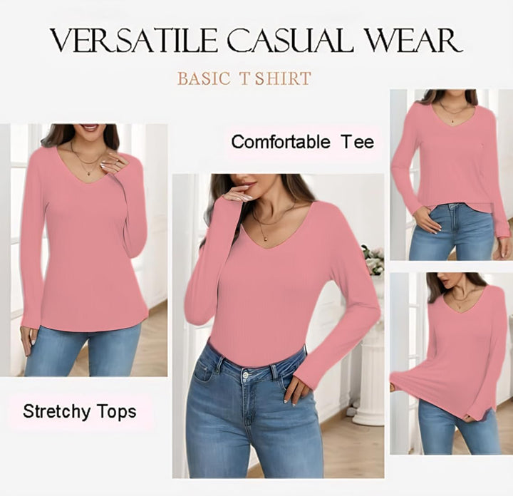 Chicrise Langarmshirt Damen V Ausschnitt Langarm Pullover Basic Eng Ribbed Oberteile, Rosa S