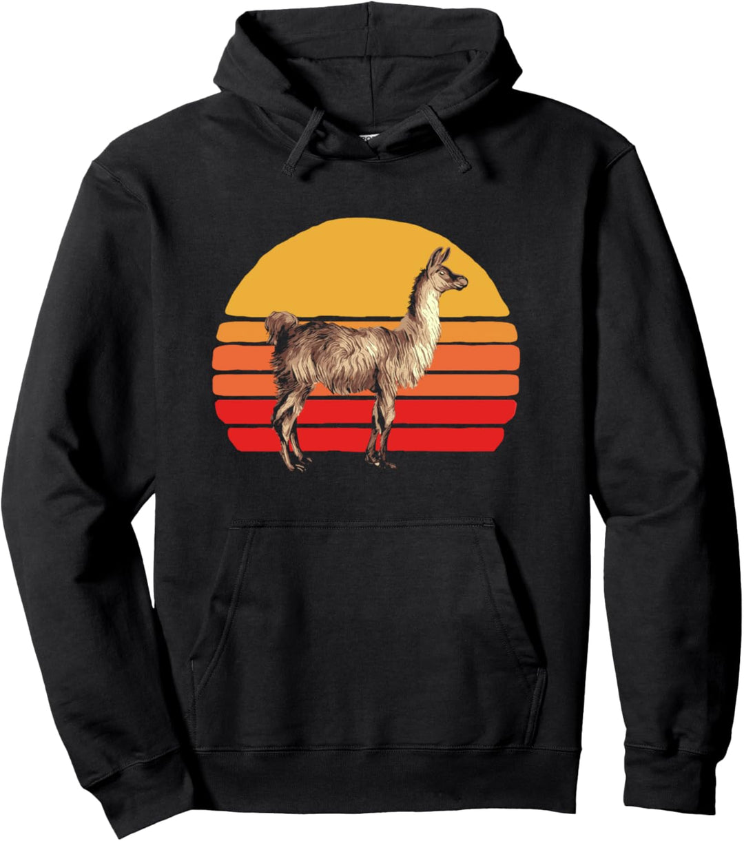 Retro Llama Alpaca Minimalist Artistic 80s Sun Graphic Pullover Hoodie