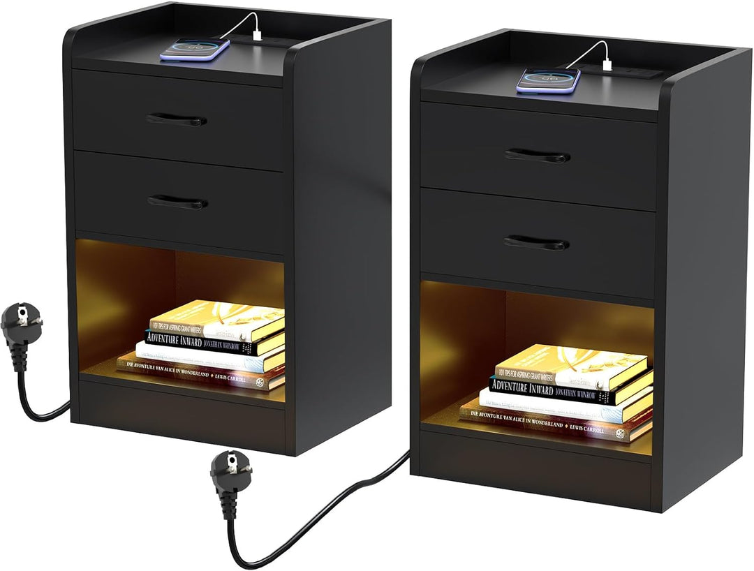 Lvhecforhm 2er Set Nachttisch Schwarz, Nachttisch mit 2 Schubladen, Hochglanz Nachttisch Tisch, Nach