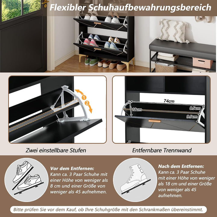 ModernLuxe Schuhschrank Schwarz mit 2 Klapptüren, 4-Fächer Schuhkommode 80×25×117 cm mit Halboffenen
