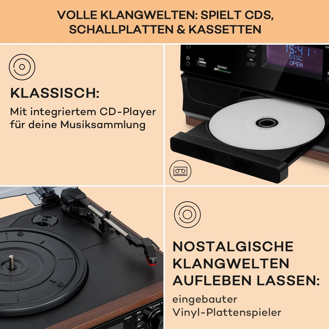 Auna Plattenspieler für Schallplatten, Plattenspieler mit Lautsprecher, CD-Player, USB & DAB Radio,