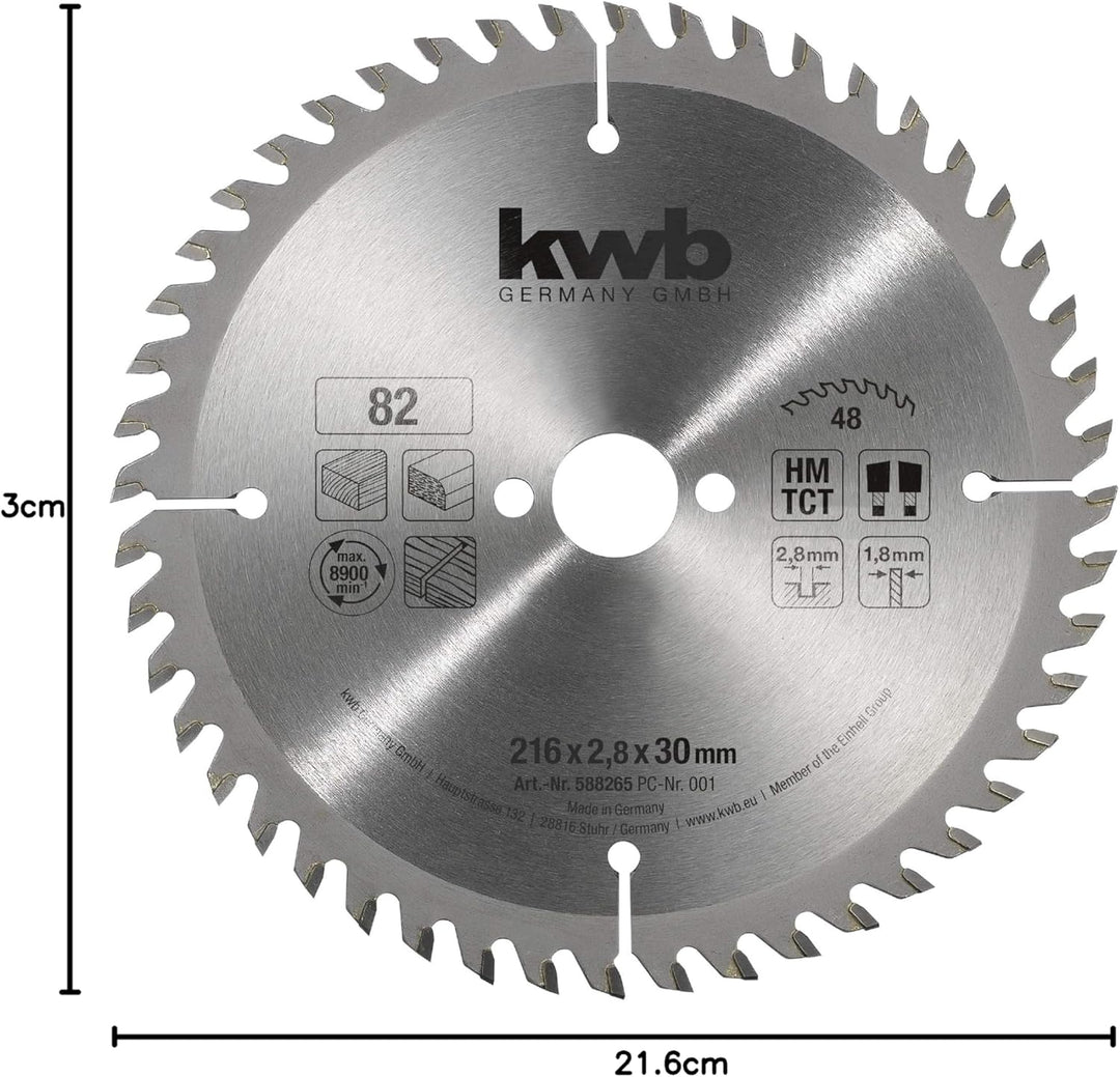 kwb Kreissägeblatt 216 x 30 mm, sehr feiner Schnitt, Sägeblatt geeignet für Arbeitsplatten, Holz und