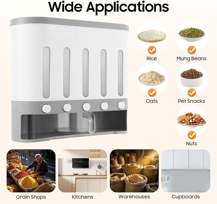 Wandmontage Getreidespender, 5-in-1 Müslispender Cereal Dispenser Küche Geteilte Trockenfutterbehält