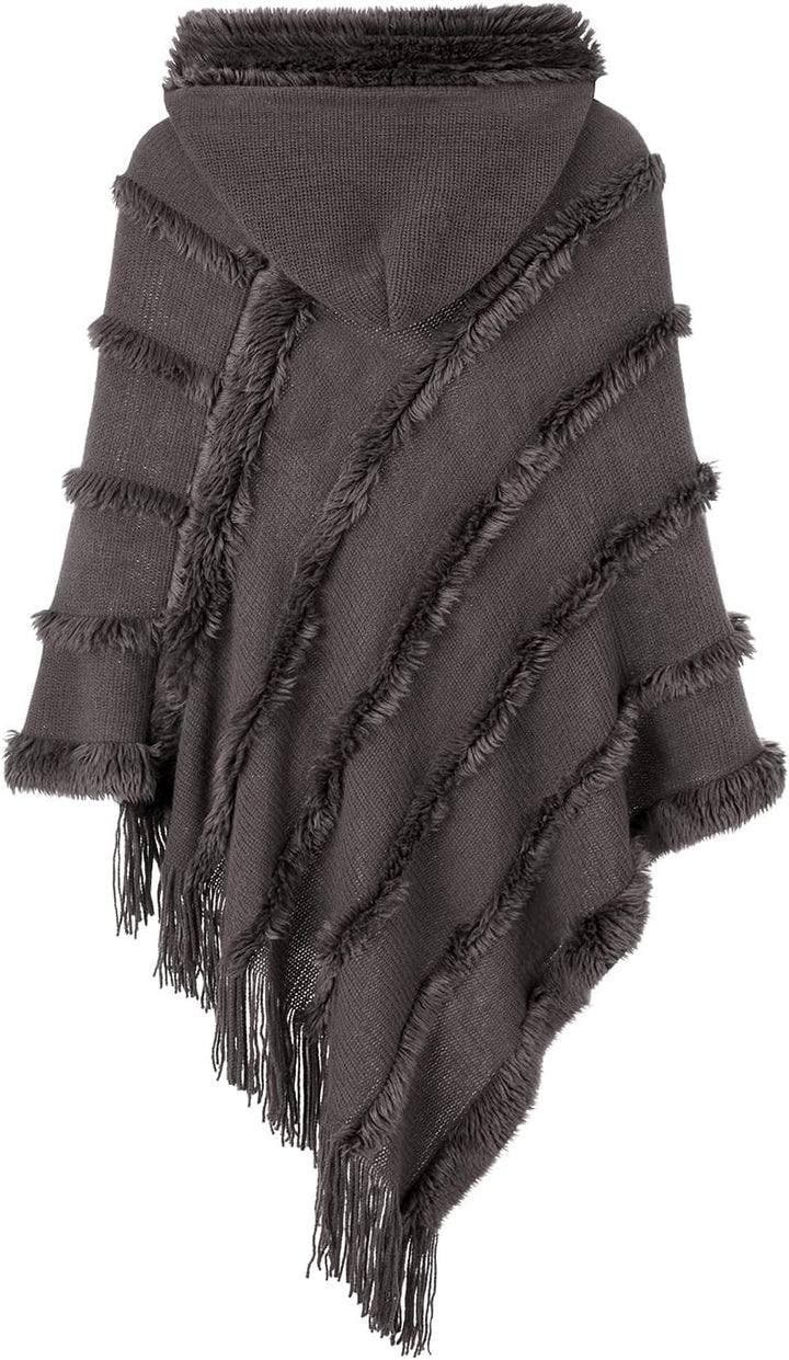 Ferand Poncho Damen mit Kapuze, Warmer Winterponcho, Gestreifte Cape Umhang mit Fransen Elegant, Gra