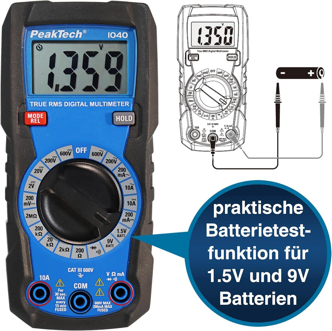PeakTech 1040 – True RMS Digital Multimeter, Manuell-Range, 2.000 Counts, Durchgangsprüfer, Mehrfach
