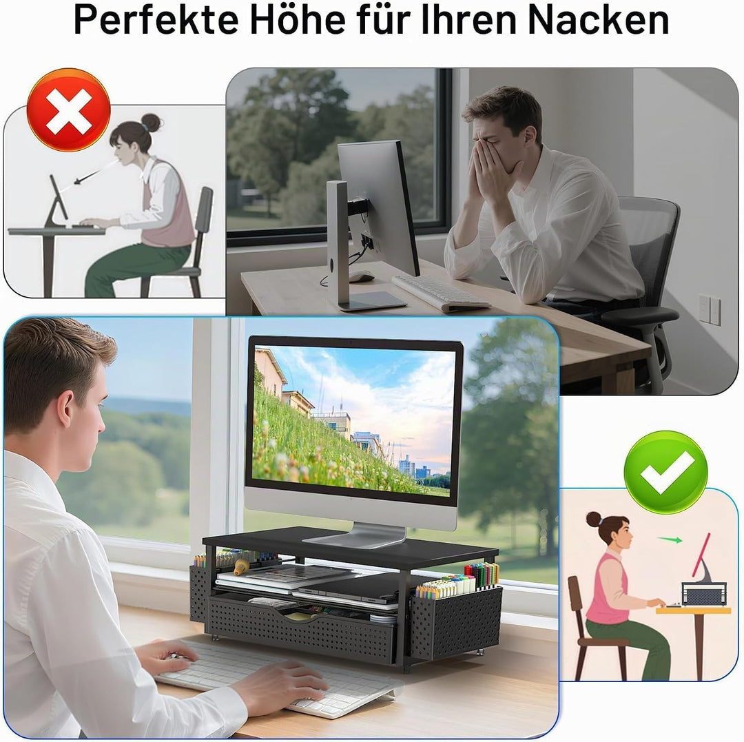 Monitorständer mit 3 Schublade und Stifthalter,Unterbau Bildschirm,Schreibtischorganizer und Zubehö,