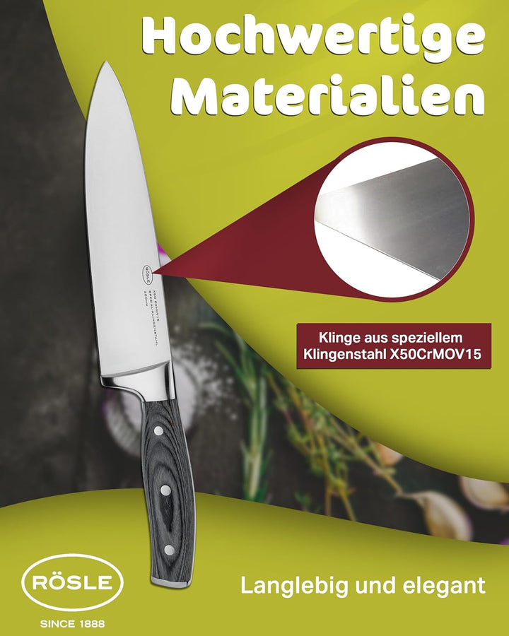 RÖSLE Kochmesser WOLFGREY 20 cm – Hochwertiges und scharfes Küchenmesser, universell einsetzbar für