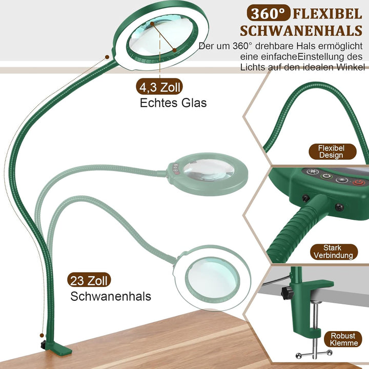 Veemagni 12X Lupe mit Licht und Klemme, Echtes Glas Lupenlampe, 5 Farbmodi Stufenlos Dimmbare, 23 Zo