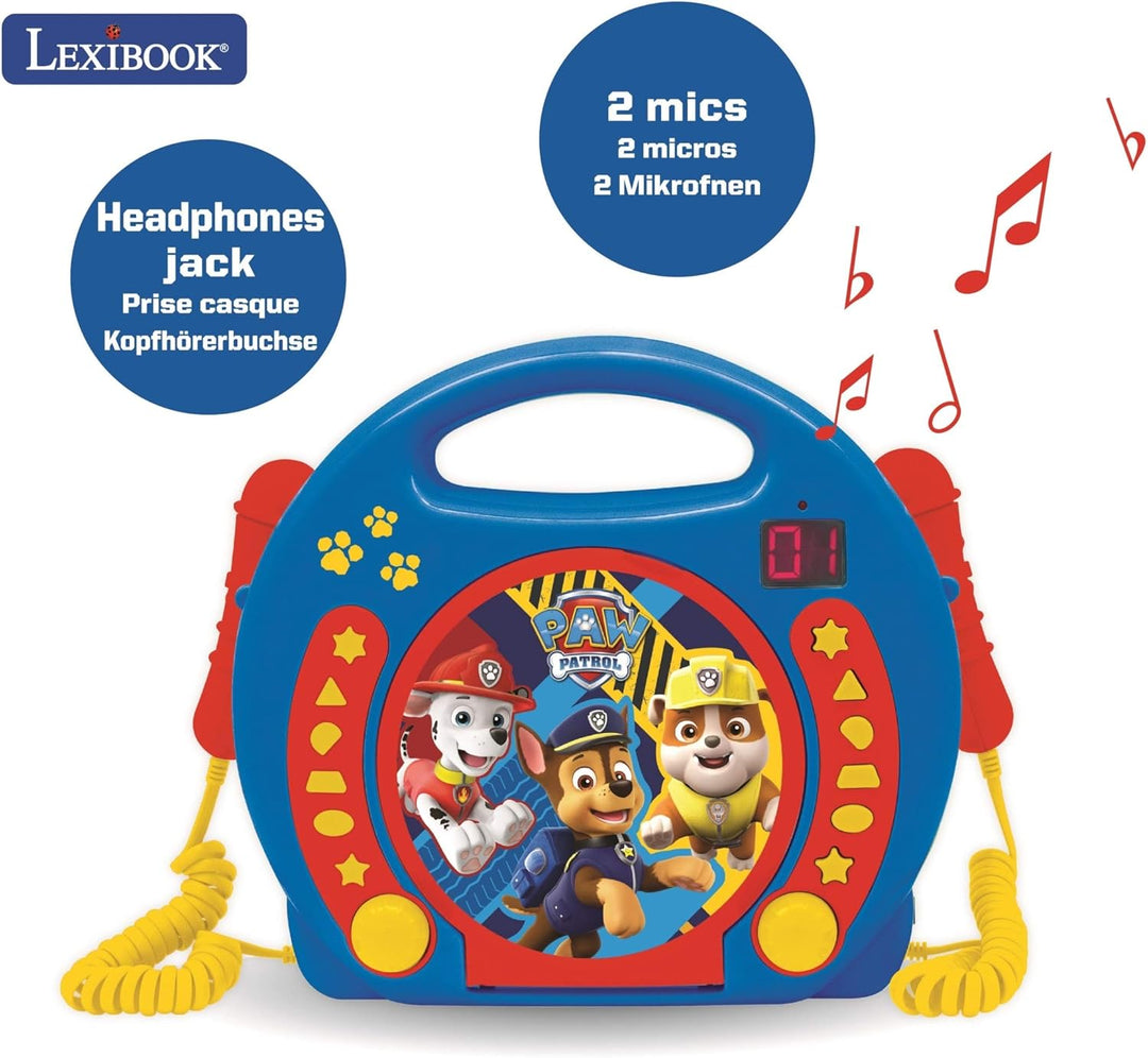 Lexibook, Paw Patrol, Tragbarer CD-Spieler mit Mikrofonen, Musikwiedergabe, Wiederholung und Program