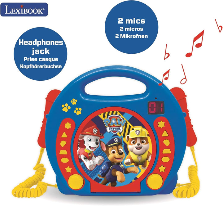 Lexibook, Paw Patrol, Tragbarer CD-Spieler mit Mikrofonen, Musikwiedergabe, Wiederholung und Program