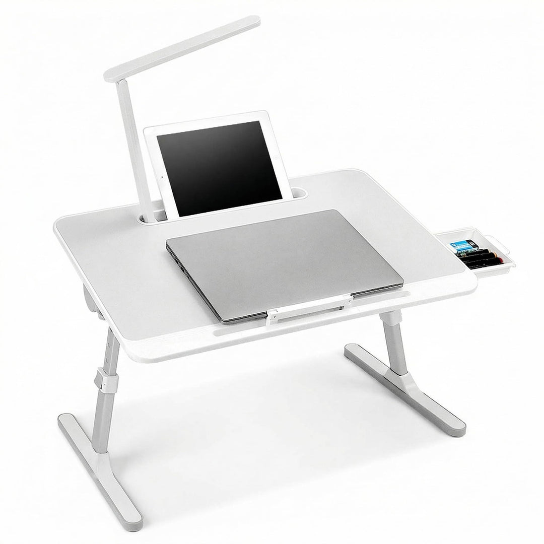 QWORK® Tisch Bett Laptoptisch, Höhen Winkel verstellbar,Betttisch Klappbar mit Schublade und LED Lam