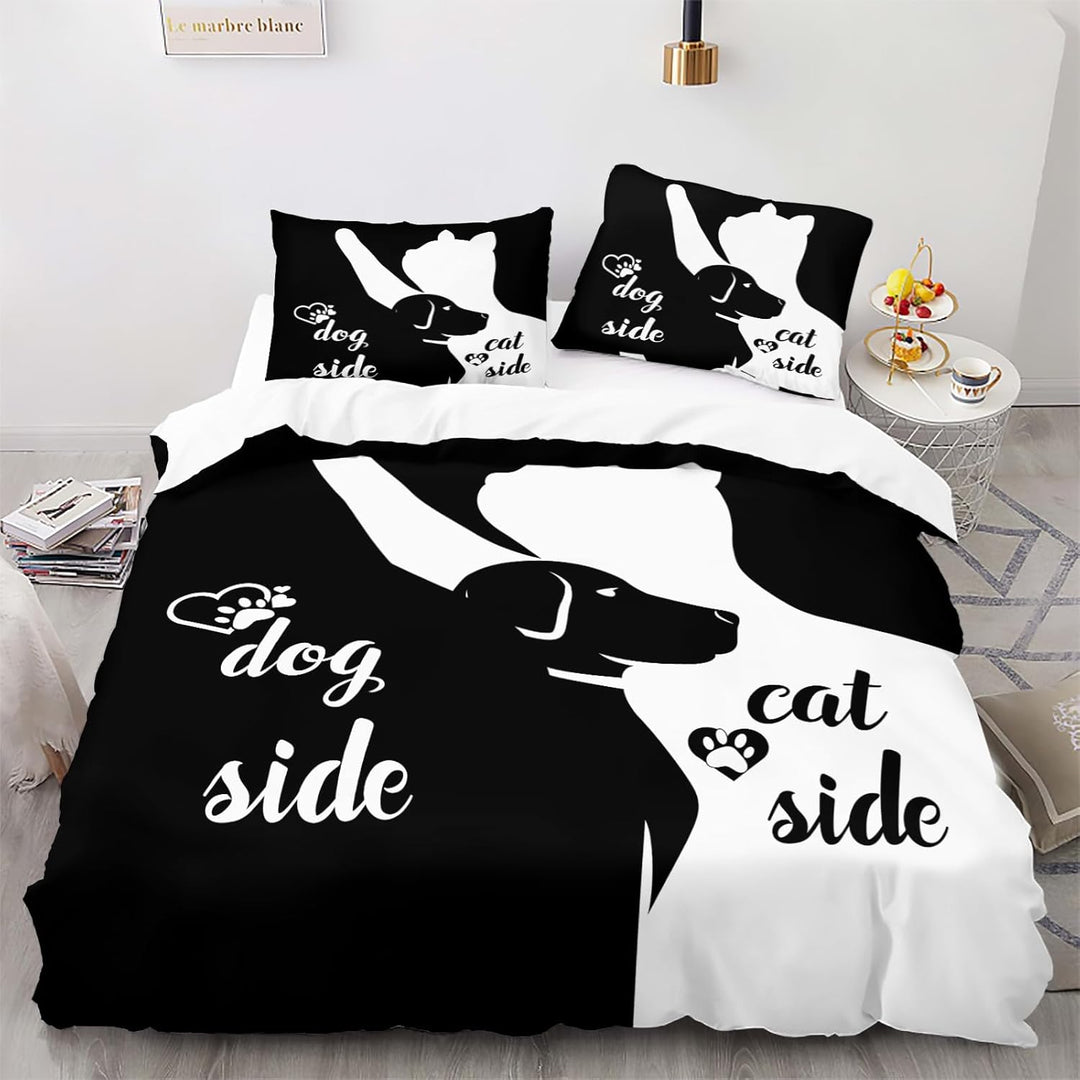 Bettwäsche-Set aus der Schwarz-Weiss-Serie Dog Side and Cat Side Motiv Bettbezug Paar Bettwäsche Set