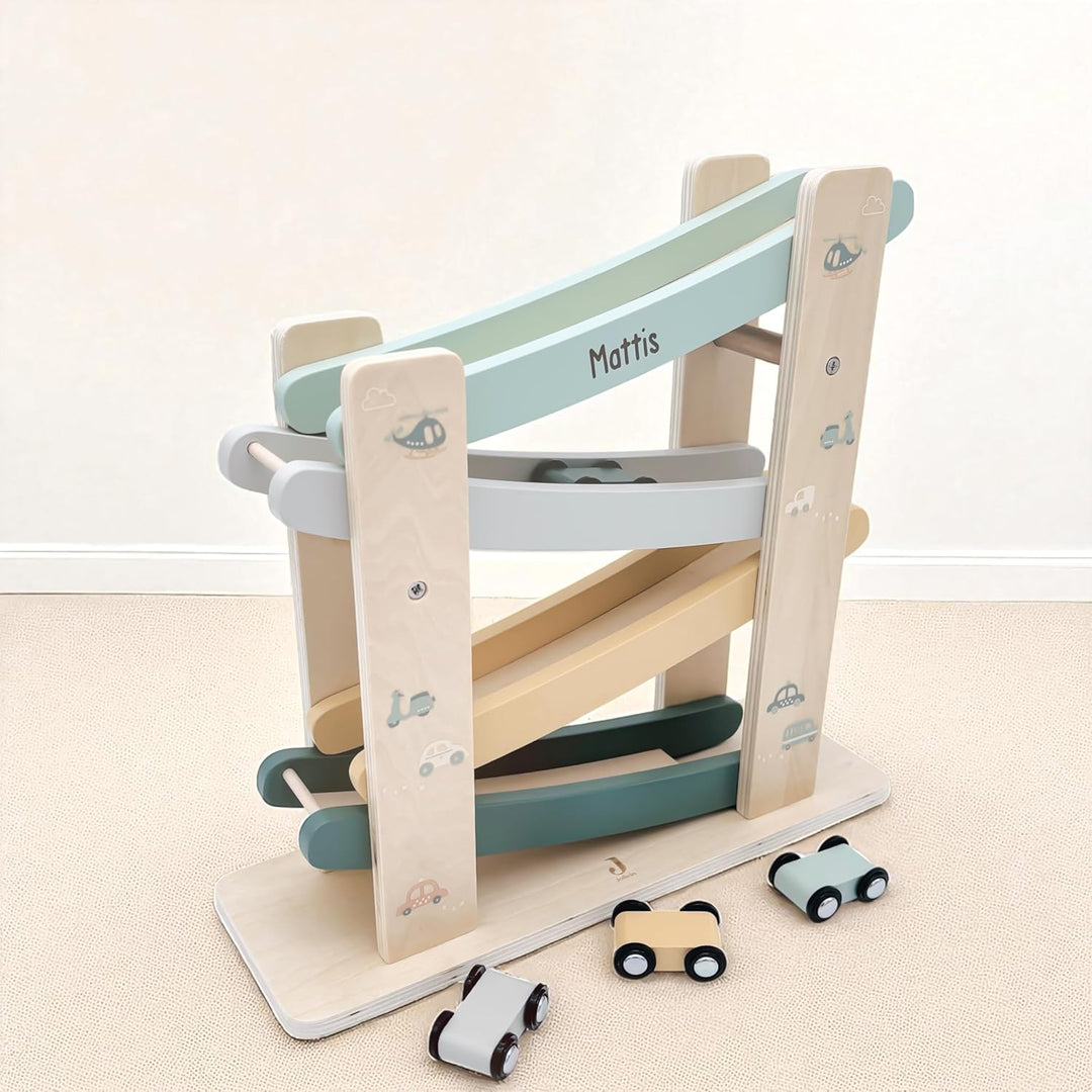 Kugelbahn Holz mit Autos personalisiert Holzspielzeug Baby Geschenk Babygeschenk Taufgeschenk für Mä