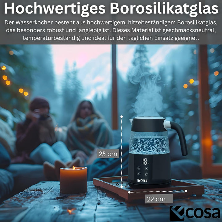 Ecosa® Wasserkocher mit Temperatureinstellung Glas Edelstahl - Teekocher 2.200 Watt 1,7 Liter- BPA F