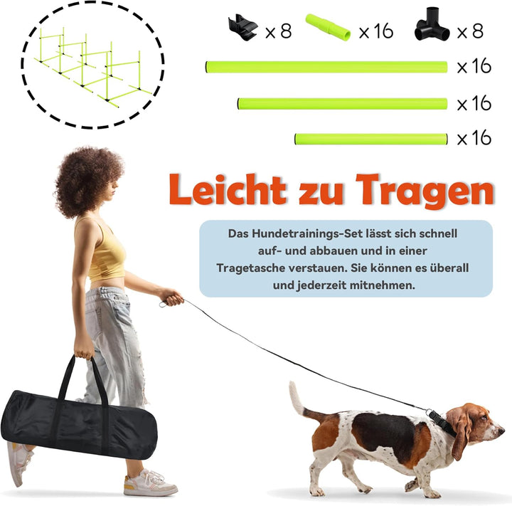 Agility Set Hunde Ausrüstungs 4 x Hürden Höhenverstellbar, Agility Hürdenset Slalomstangen mit Trage