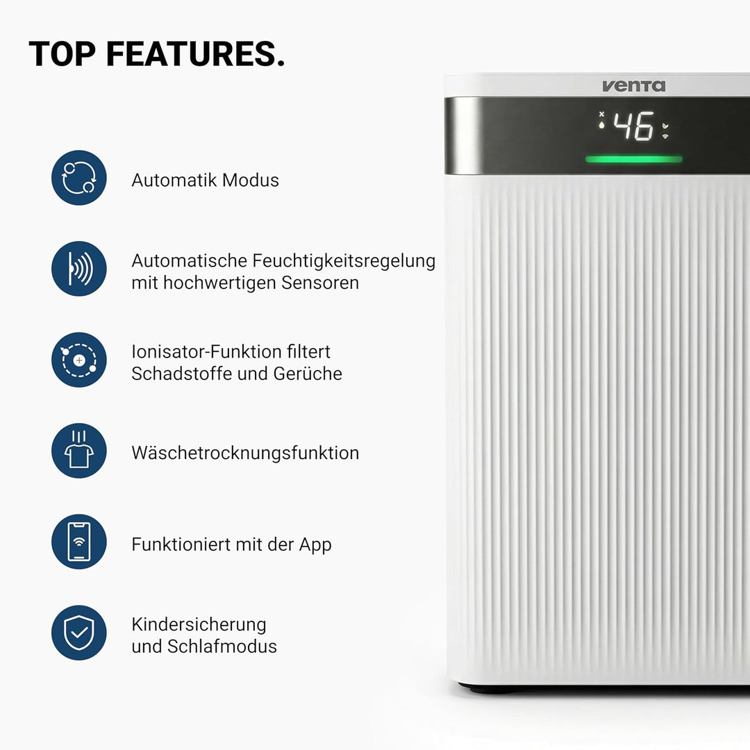 VENTA AD100 Luftentfeuchter elektrisch Raumentfeuchter | für Räume bis 40m² | Automatische Feuchtigk
