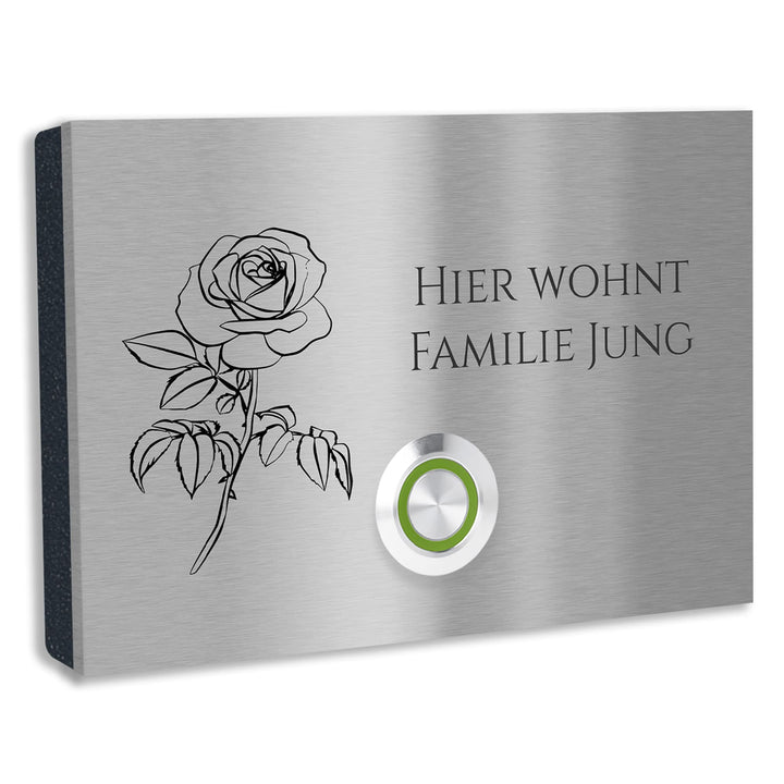 Jung-Edelstahl-Design V2A Edelstahl Türklingel London1 Motiv Rose. Klingelschild mit Gravur 12x8 cm.