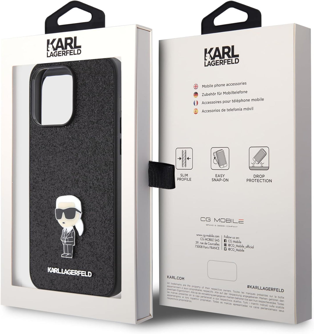 CG Mobile Karl Lagerfeld Fixed Glitter Case with Ikonik Logo Metal Pin for iPhone 15 Pro -Bla Schwar