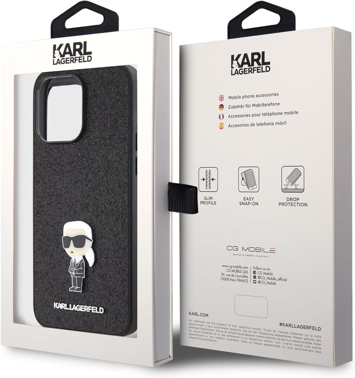 CG Mobile Karl Lagerfeld Fixed Glitter Case with Ikonik Logo Metal Pin for iPhone 15 Pro -Bla Schwar