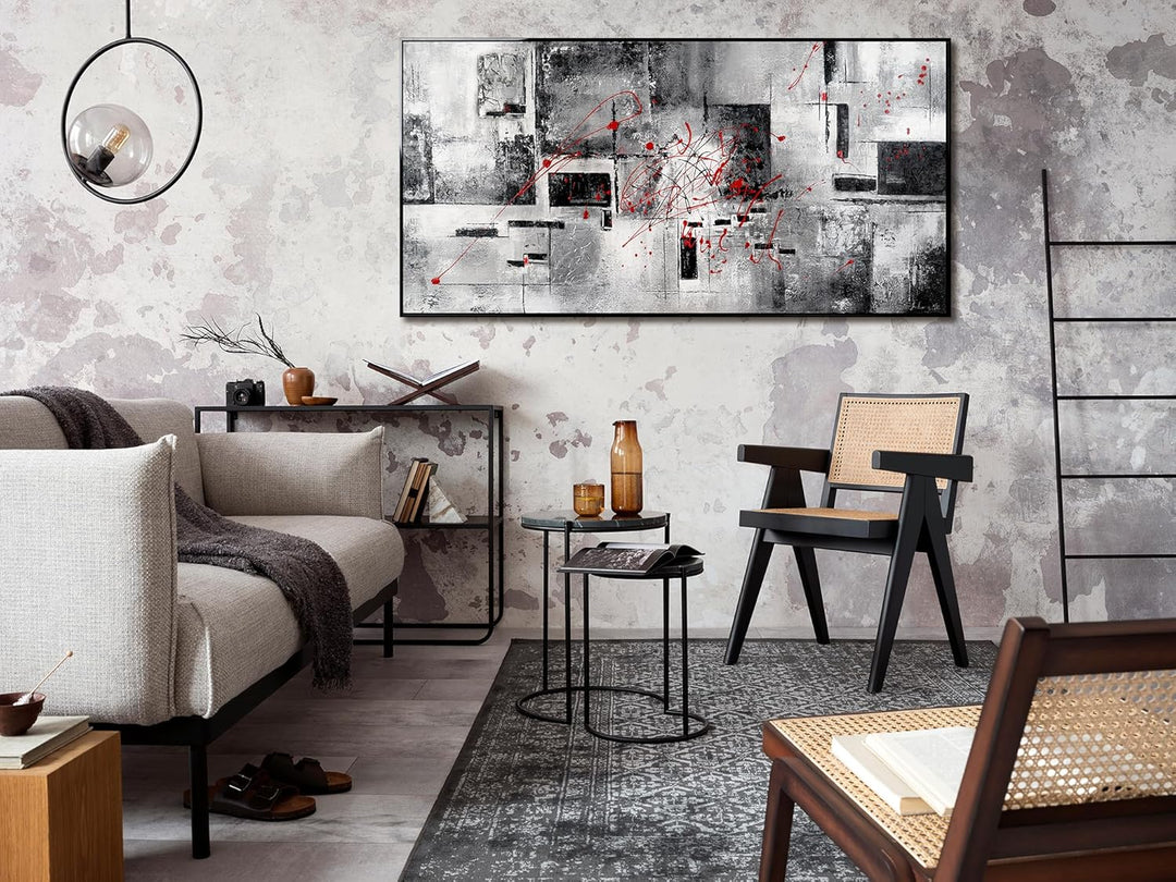 YS-Art XXL Abstrakt Acryl Gemälde auf Leinwand Courage handgemalt Wandbilder schwarz weiss grau rot