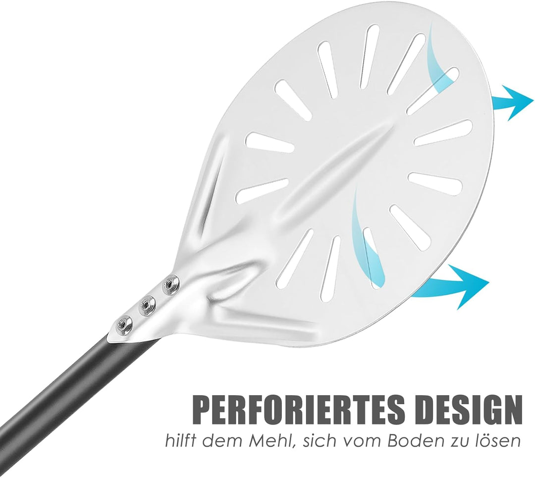 Perforierte Pizzaschaufel, 6 Zoll Pizzaschieber Pizzapaddel aus Aluminium mit Langem Abnehmbarem Gri