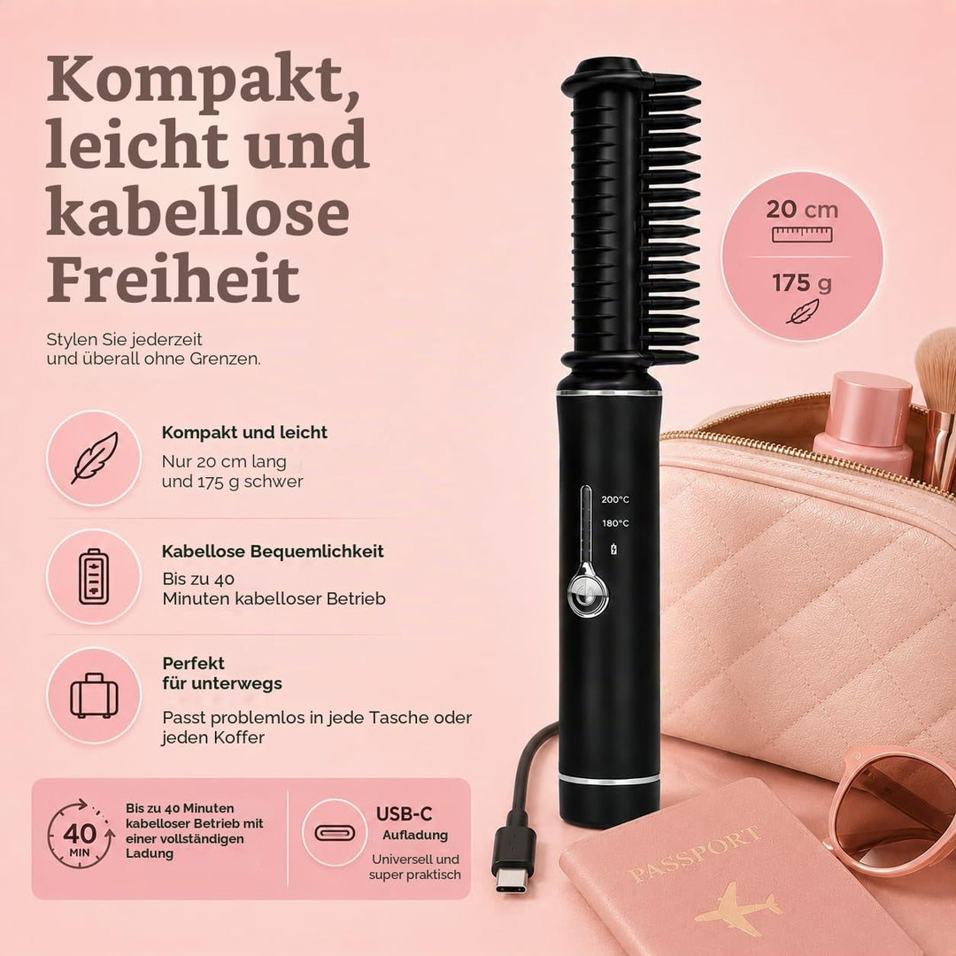 Mini Haarglätter Kabellos | Reiseglätteisen | Stylingbürste mit Keramikbeschichtung | 2 Wärmestufen