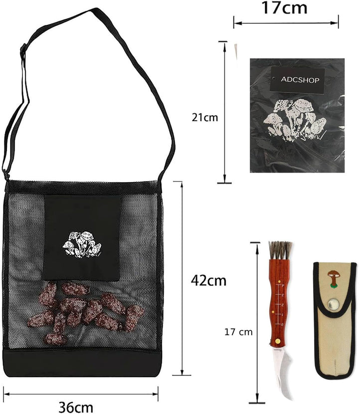 Pilz- und Fruchtsammeltasche mit Messer – Tasche mit Sporenfreisetzendem Netz, Grösse 42 x 36 cm, Fa
