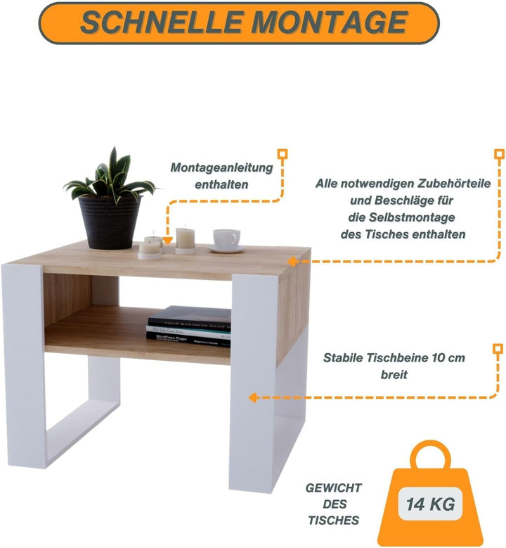 CraftPAK Wohnzimmer Tisch für Couch aus hochwertigem Holz, Stabiler & moderner Couchtisch mit zusätz