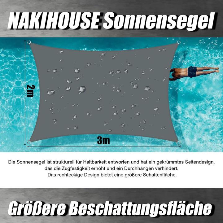 Sonnensegel Wasserdicht 2x3m Rechteckig Premium PES Polyester Sonnenschutz Windschutz Segel 98% UV-S