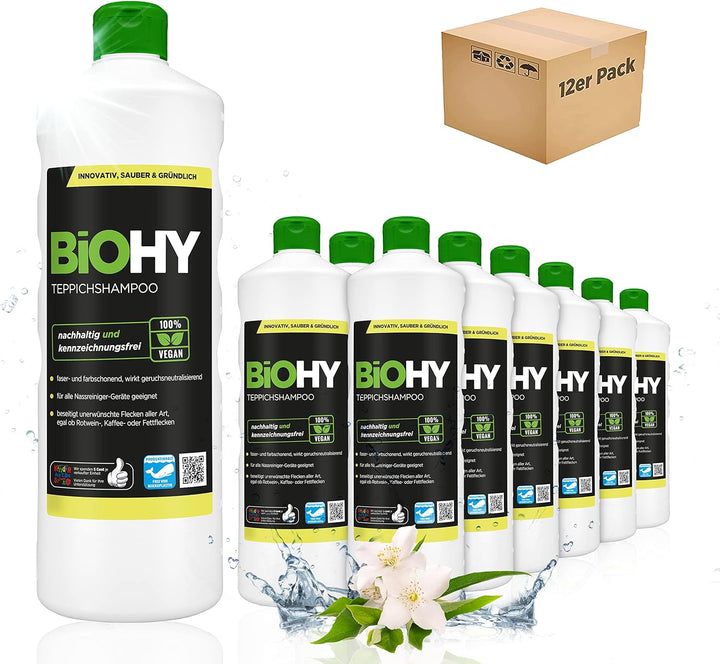 BiOHY Teppichshampoo (12 x 1 Liter) | Teppichreiniger Konzentrat | ideal gegen hartnäckige Flecken |