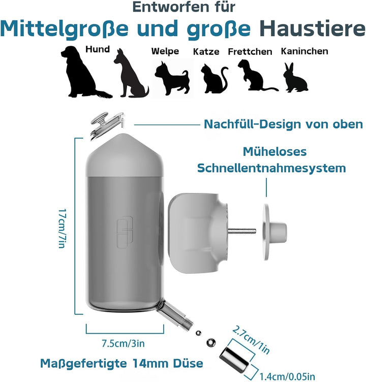 Hunde Trinkflasche [Grau, 500ml] Haustier Wasserspender Auslaufsichere Hund Katzen Kaninchen Käfig W