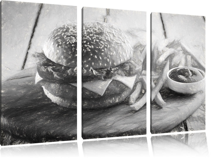 Pixxprint Chickenburger Pommes als Leinwandbild/Grösse: 3 Teilig (120x80 cm) cm/Wandbild/Kunstdruck/