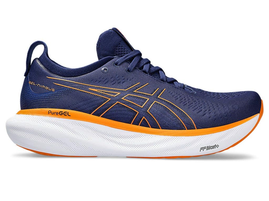ASICS Nimbus 25 Strassenlaufschuhe für Männer Schwarz Silber 41.5 EU Deep Ocean Bright Orange, 41.5