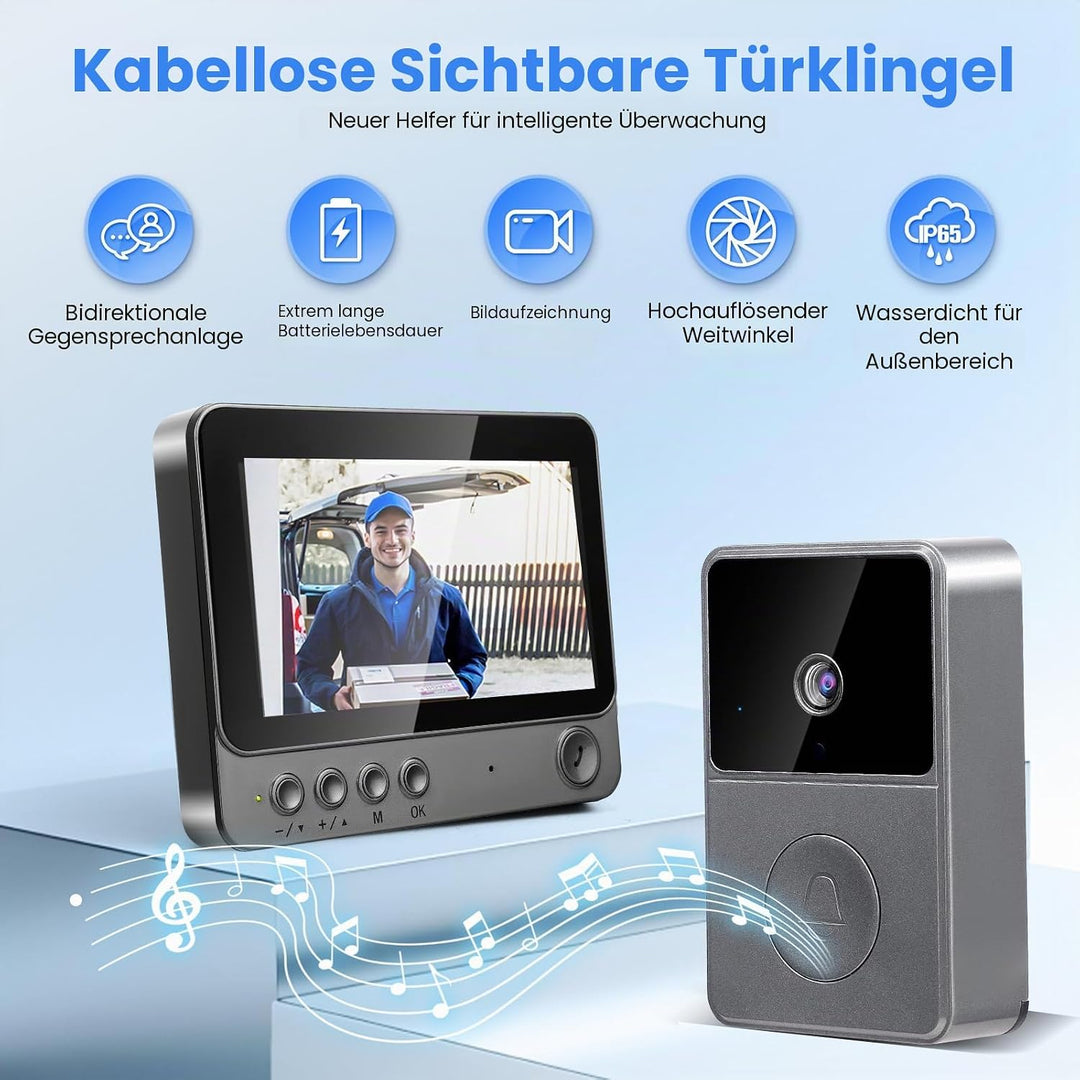 Türklingel mit Kamera und Monitor, 1080P HD, IP65 Wasserdicht, 4,3 Zoll Bildschirm, 170° Weitwinkel,
