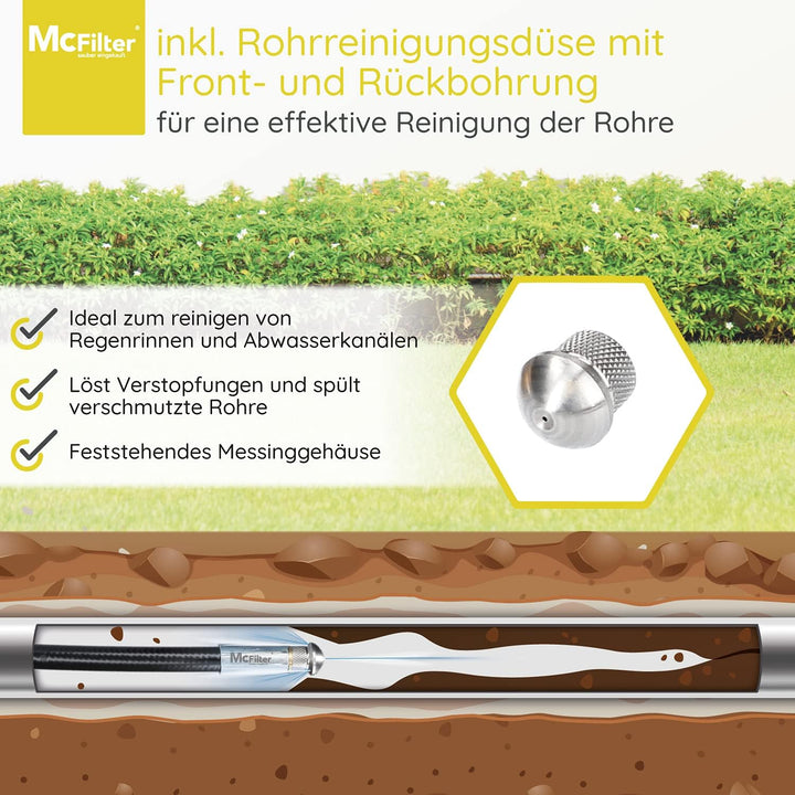 McFilter | Rohrreinigungsschlauch, 30m, 200 bar, 60 °C inkl. Düsen starr + rotierend für Hochdruckre