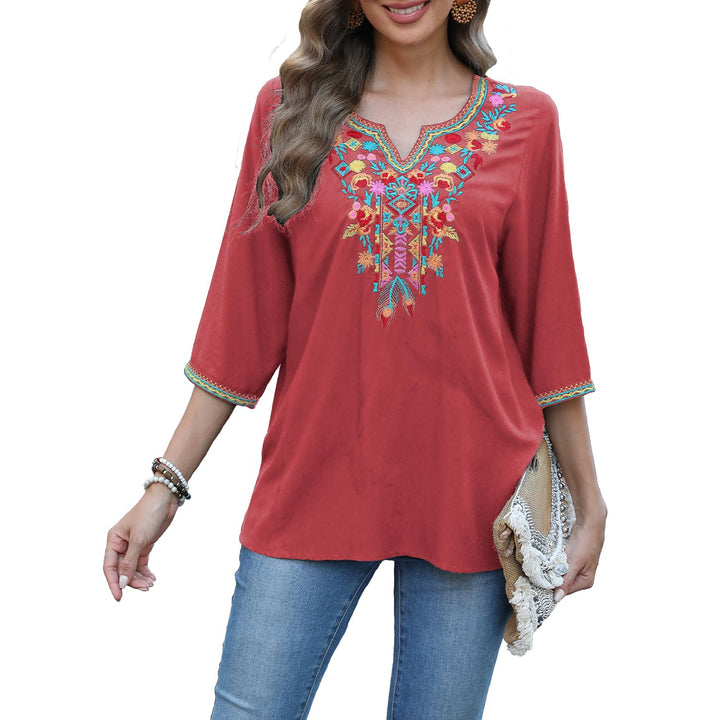 Seasonal Boho Tunika Damen Sommer Mexikanische Blumen Bestickt V-Ausschnitt Top 3/4 Ärmel Hippie Los