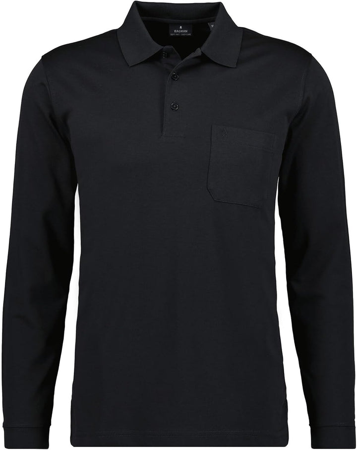 RAGMAN Herren Softknit-Polo mit Brusttasche, Langarm S Schwarz-009, S Schwarz-009