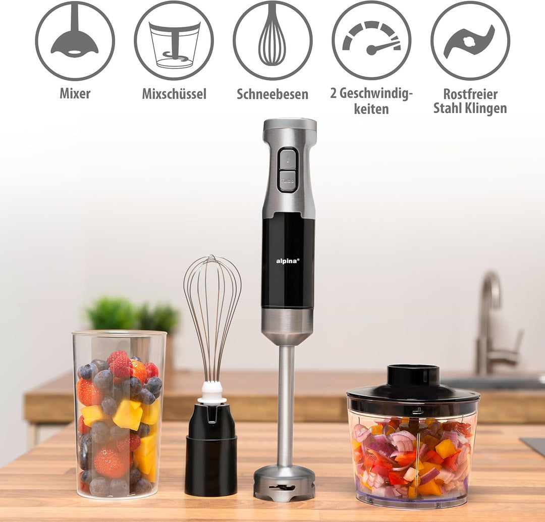 ALPINA Stabmixer, 1000 Watt, Rostfreier Edelstahl, Schwarz-Silber