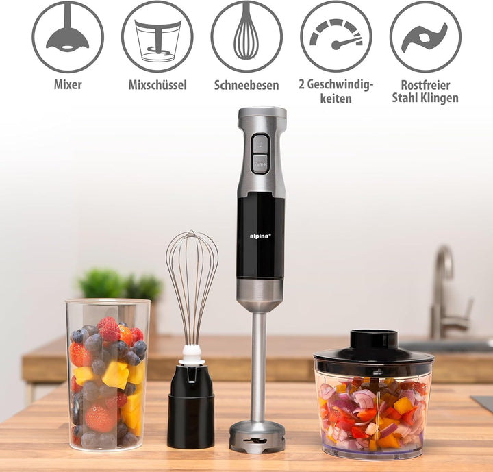 ALPINA Stabmixer, 1000 Watt, Rostfreier Edelstahl, Schwarz-Silber