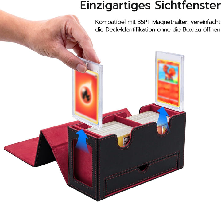 Doppelschicht Card Deck Box für MTG，Gathering Kartenbox mit Schaufenster und Würfelfach PU Leder Sta