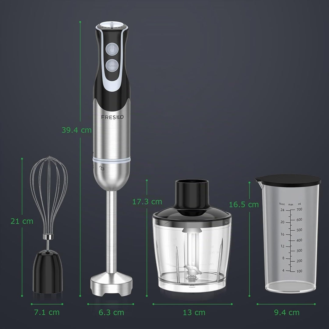 FRESKO 4-in-1 Stabmixer Edelstahl, 1000W Pürierstab mit 12 Geschwindigkeiten und Turbo-Modi, Inklusi