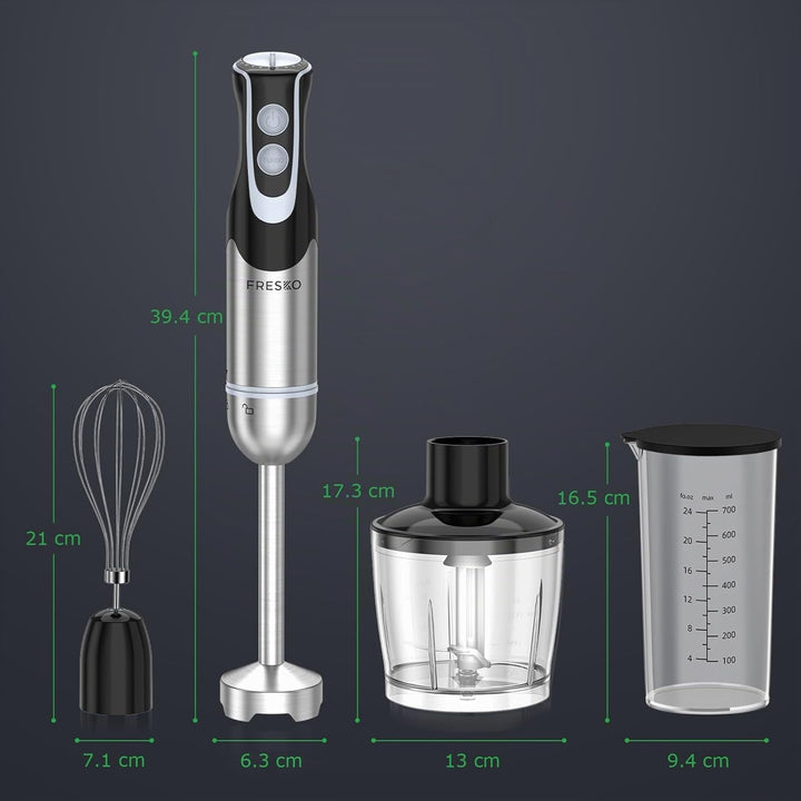 FRESKO 4-in-1 Stabmixer Edelstahl, 1000W Pürierstab mit 12 Geschwindigkeiten und Turbo-Modi, Inklusi