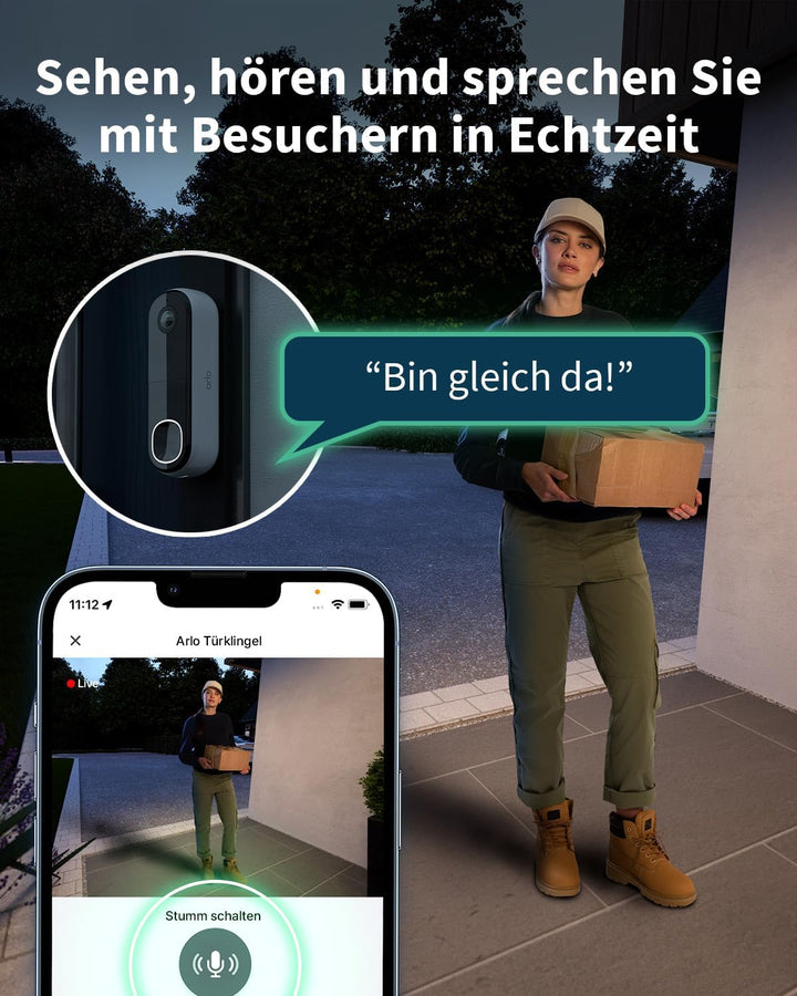Arlo Essential 2 HD Video Türklingel Mit Kamera & Türgong Kabellos, Türsprechanlage, WLAN Doorbell,